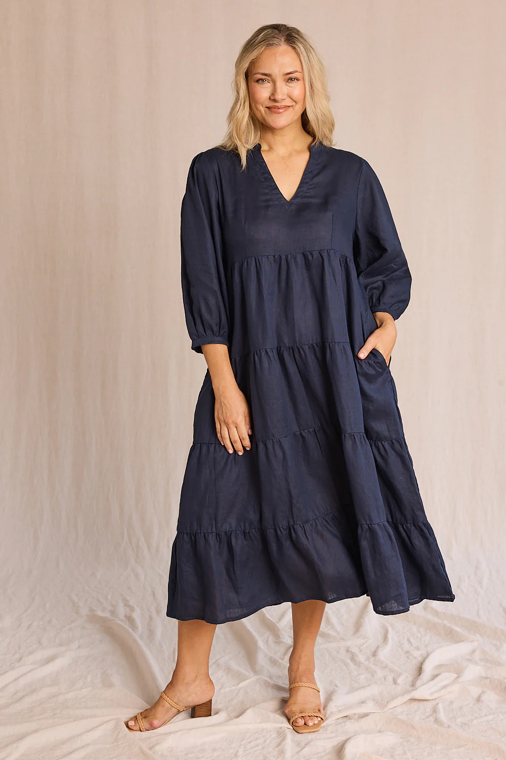 Sabre Linen V-Neck Dress in Navy - Image 5