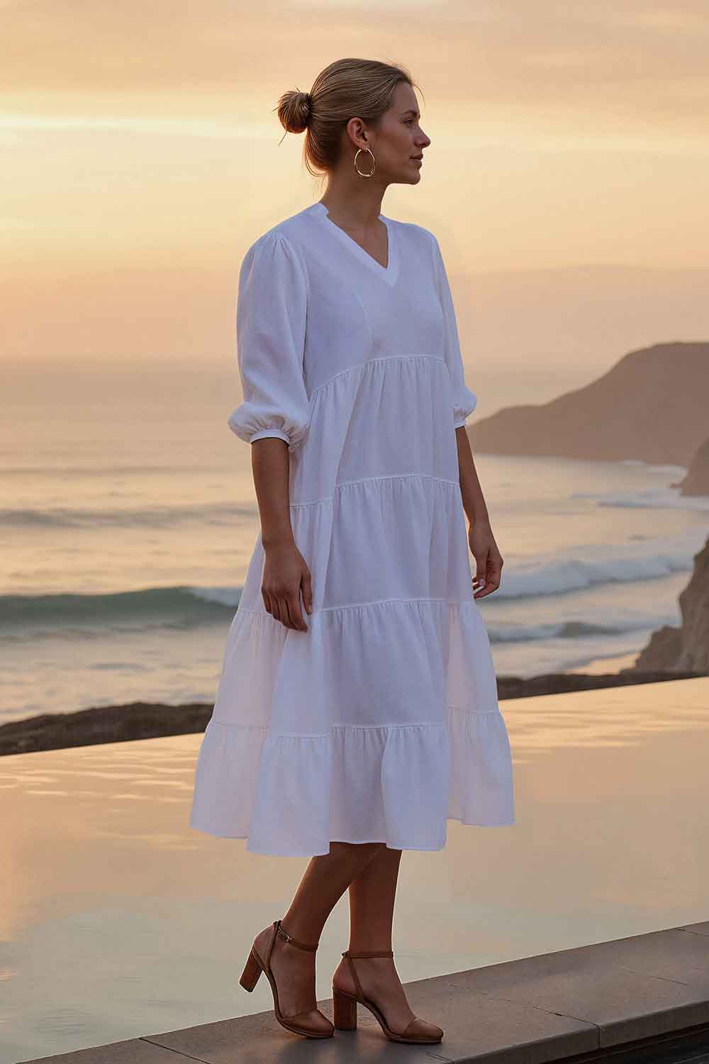 Sabre Linen V-Neck Dress in White - Image 3