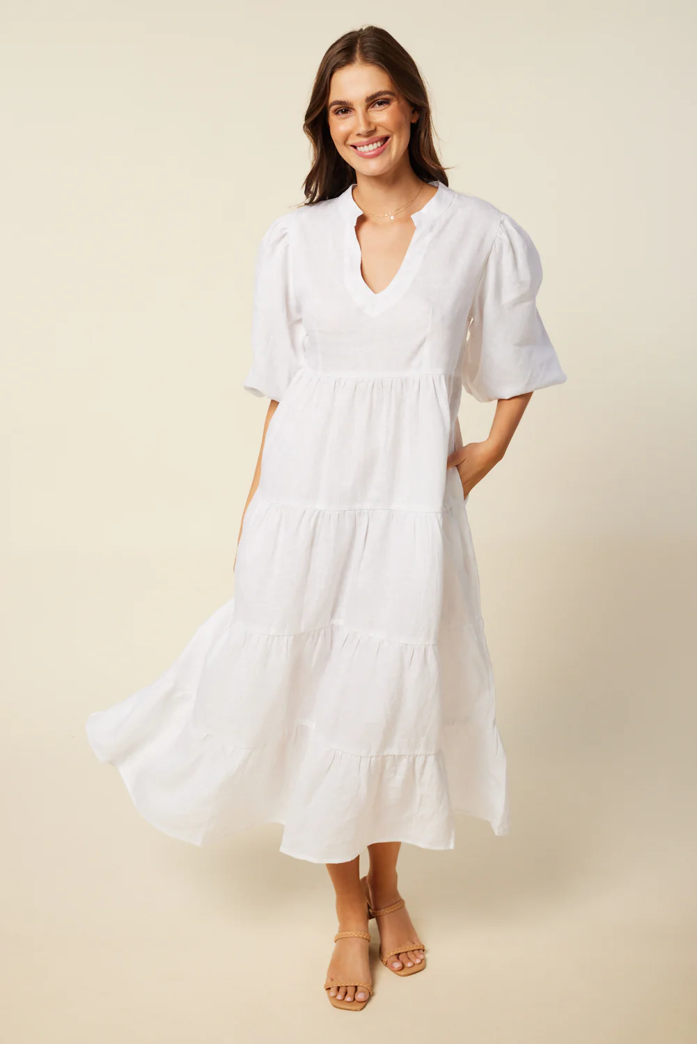 Sabre Linen V-Neck Dress in White - Image 4