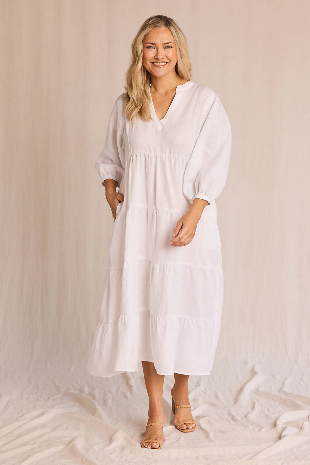 Sabre Linen V-Neck Dress in White - Image 5