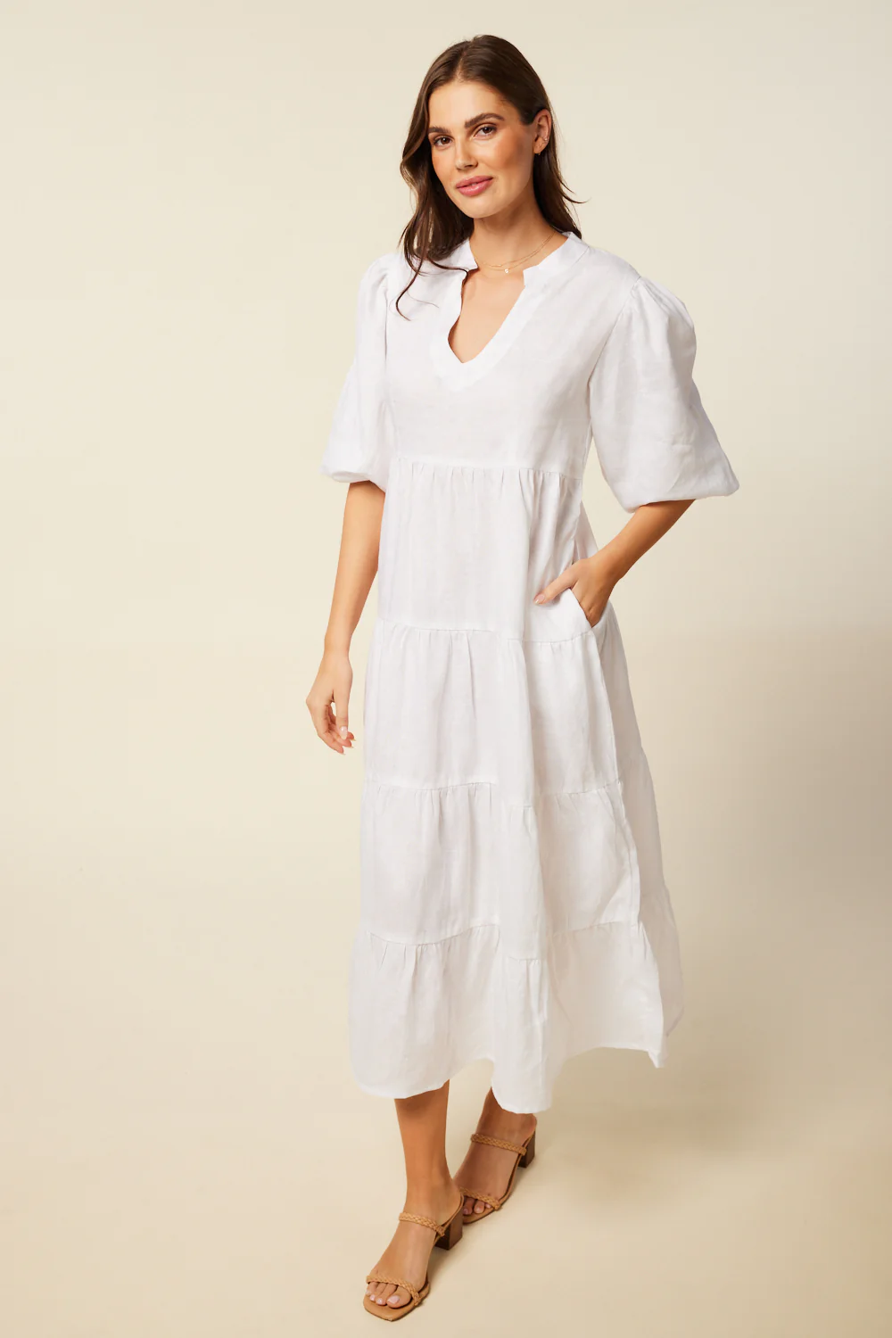 Sabre Linen V-Neck Dress in White - Image 7