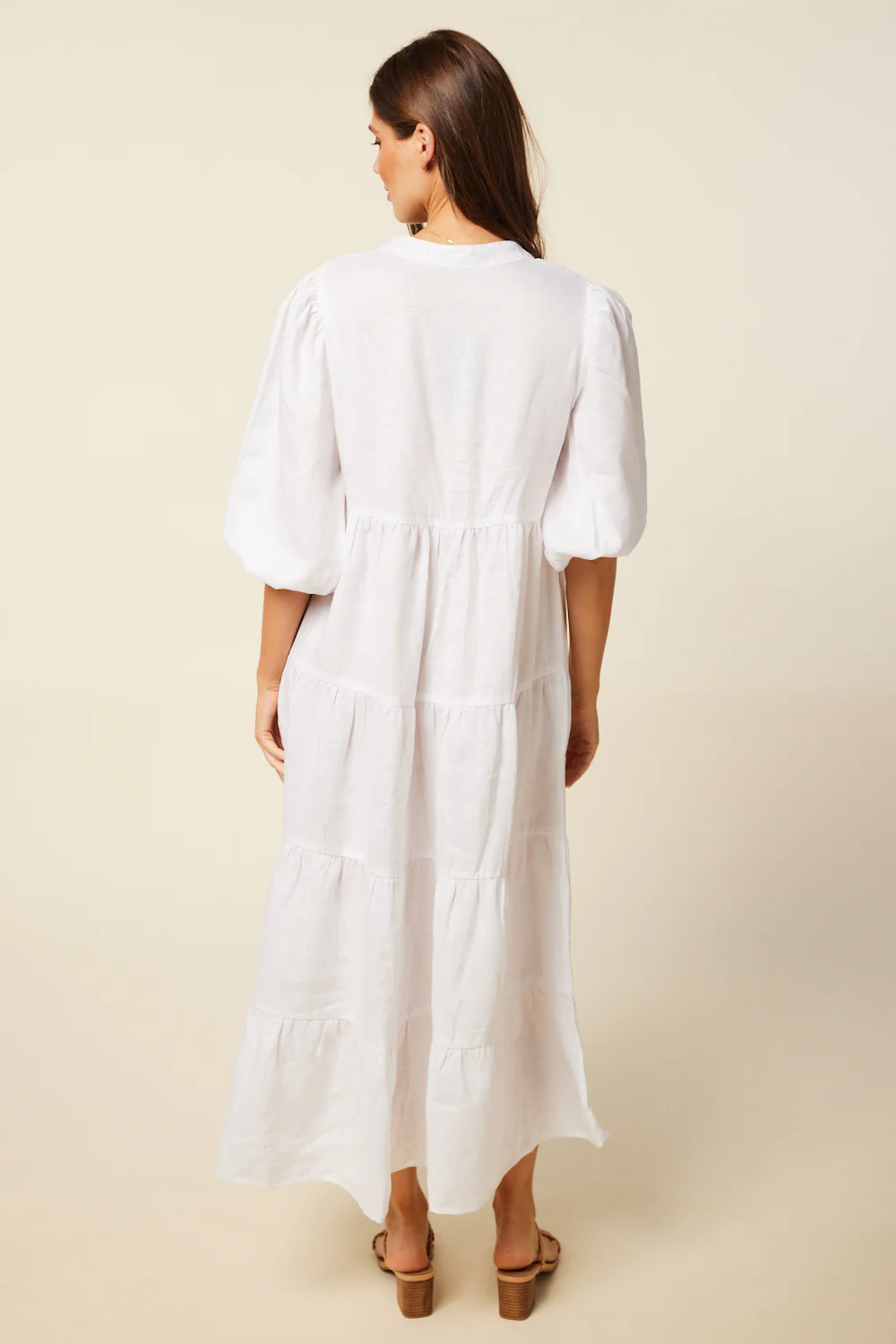 Sabre Linen V-Neck Dress in White - Image 8