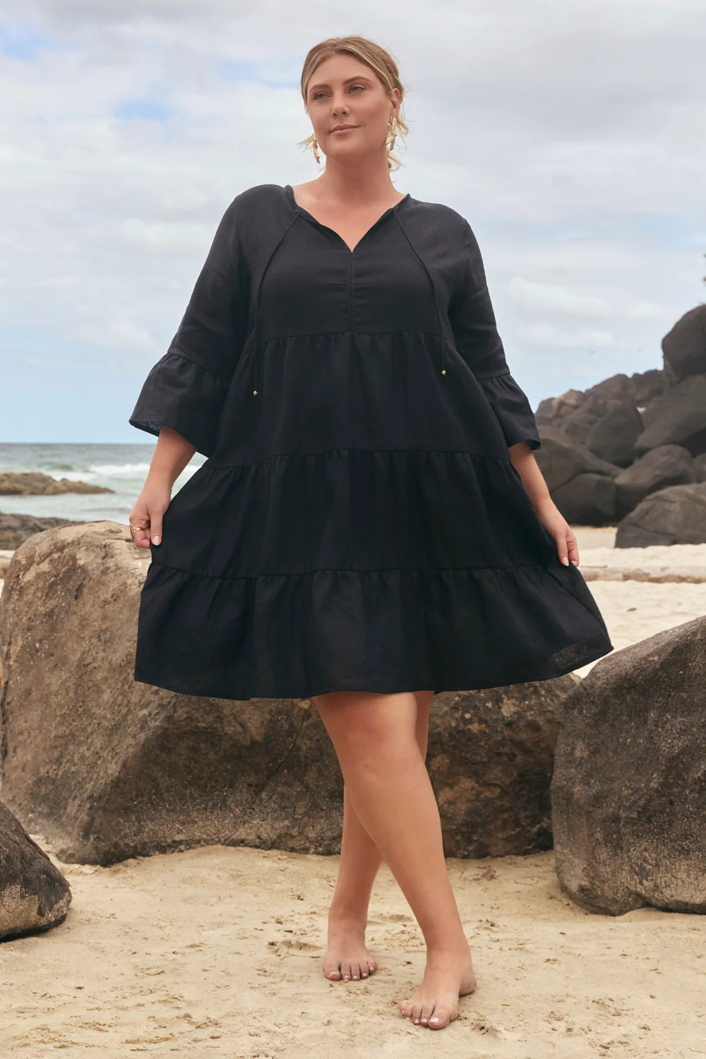 Scout Linen Bell Sleeve Dress in Black - Image 2