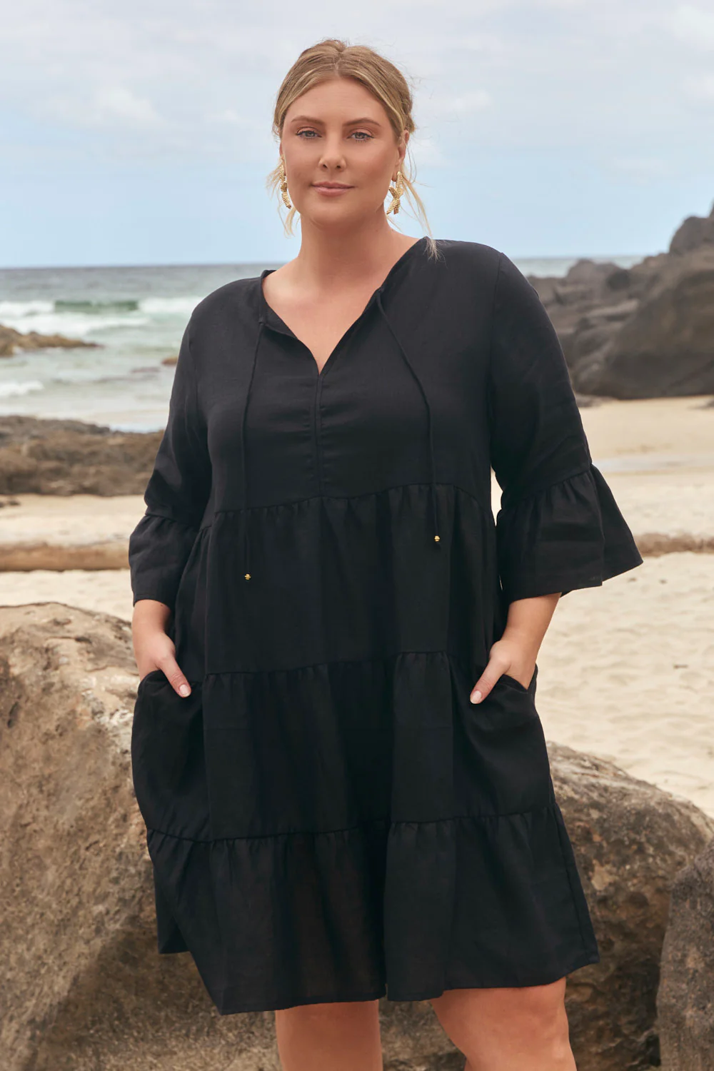 Scout Linen Bell Sleeve Dress in Black - Image 4
