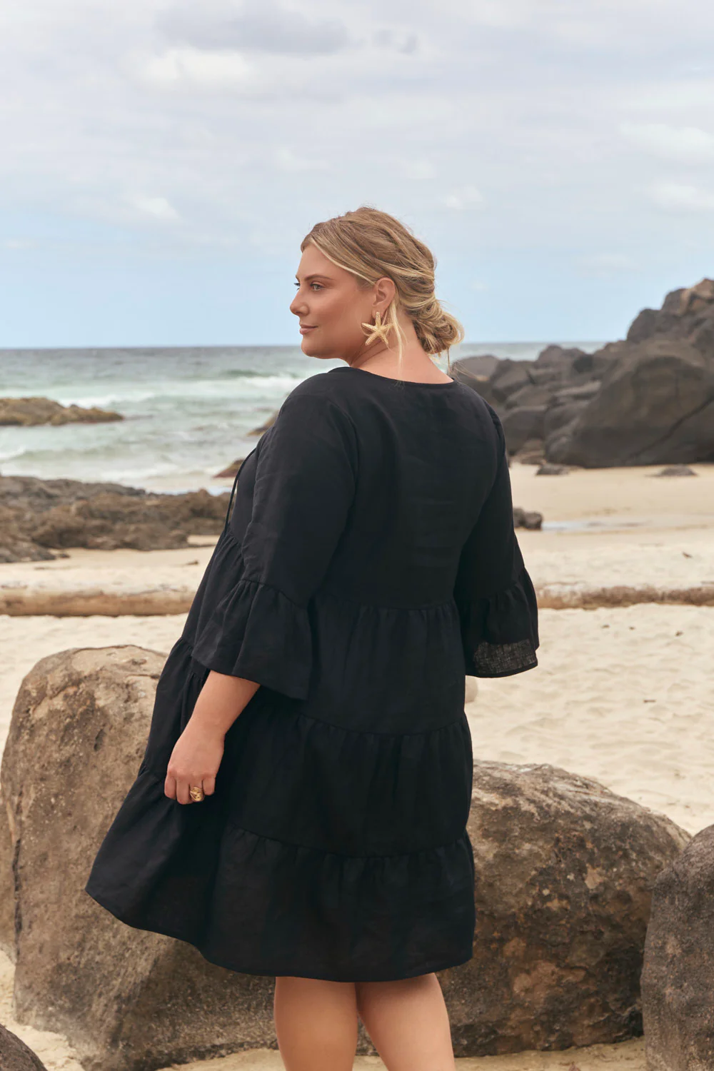 Scout Linen Bell Sleeve Dress in Black - Image 6