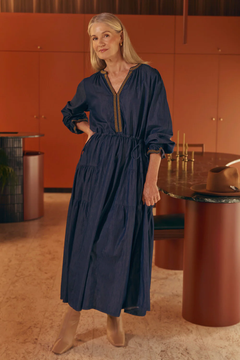 Tallulah Chambray Drawstring Dress in Dark Wash - Image 3