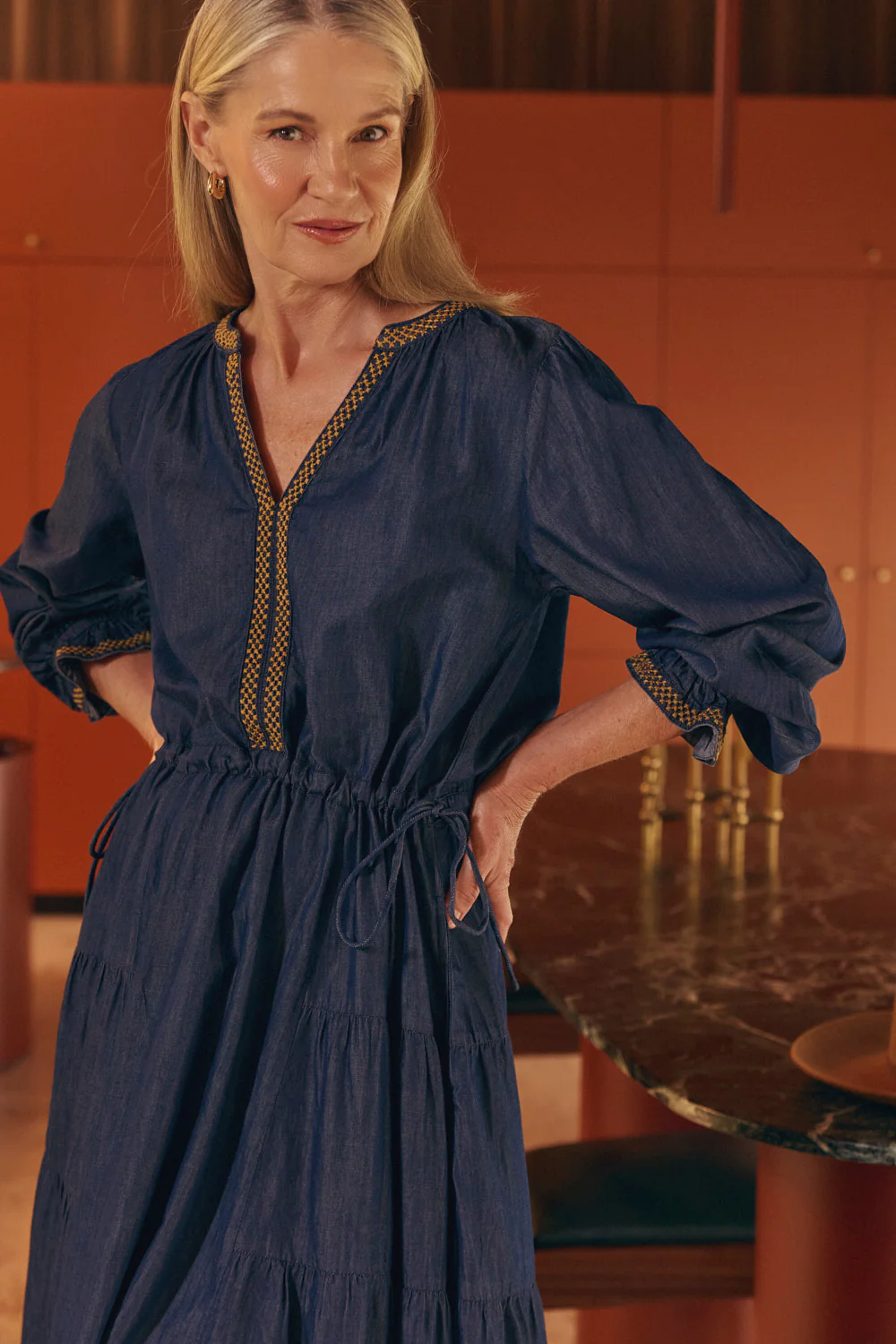 Tallulah Chambray Drawstring Dress in Dark Wash - Image 4