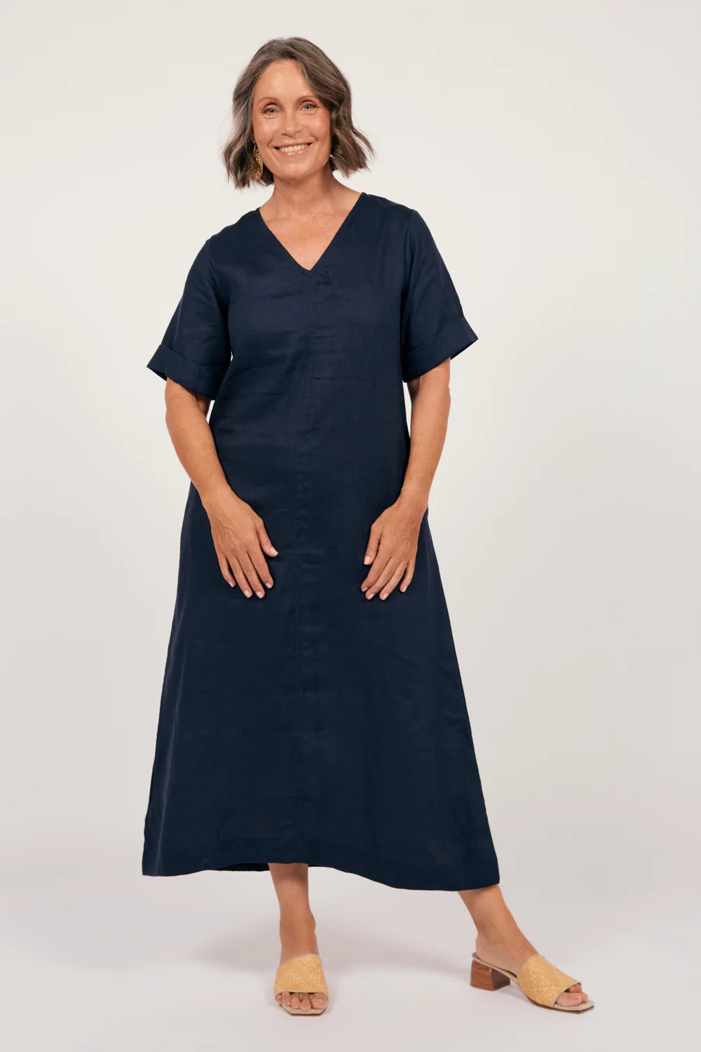 Tamara Linen V-Neck Dress in Navy - Image 4