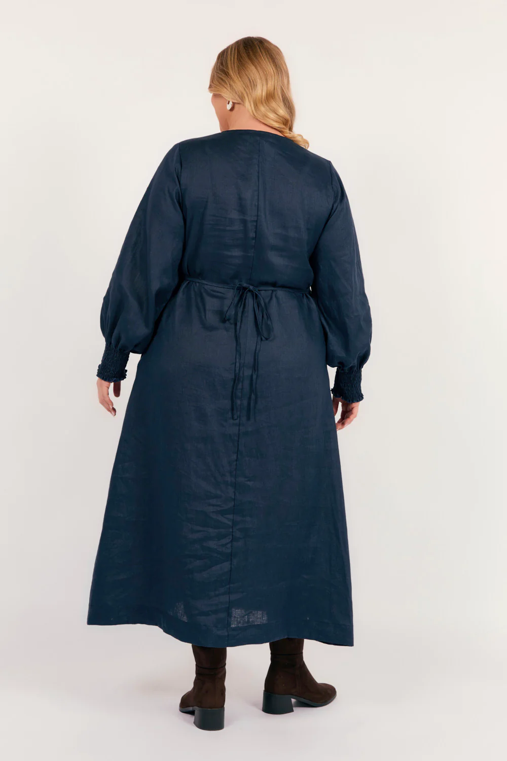 Tamara Long Sleeve Linen Dress in Navy - Image 6