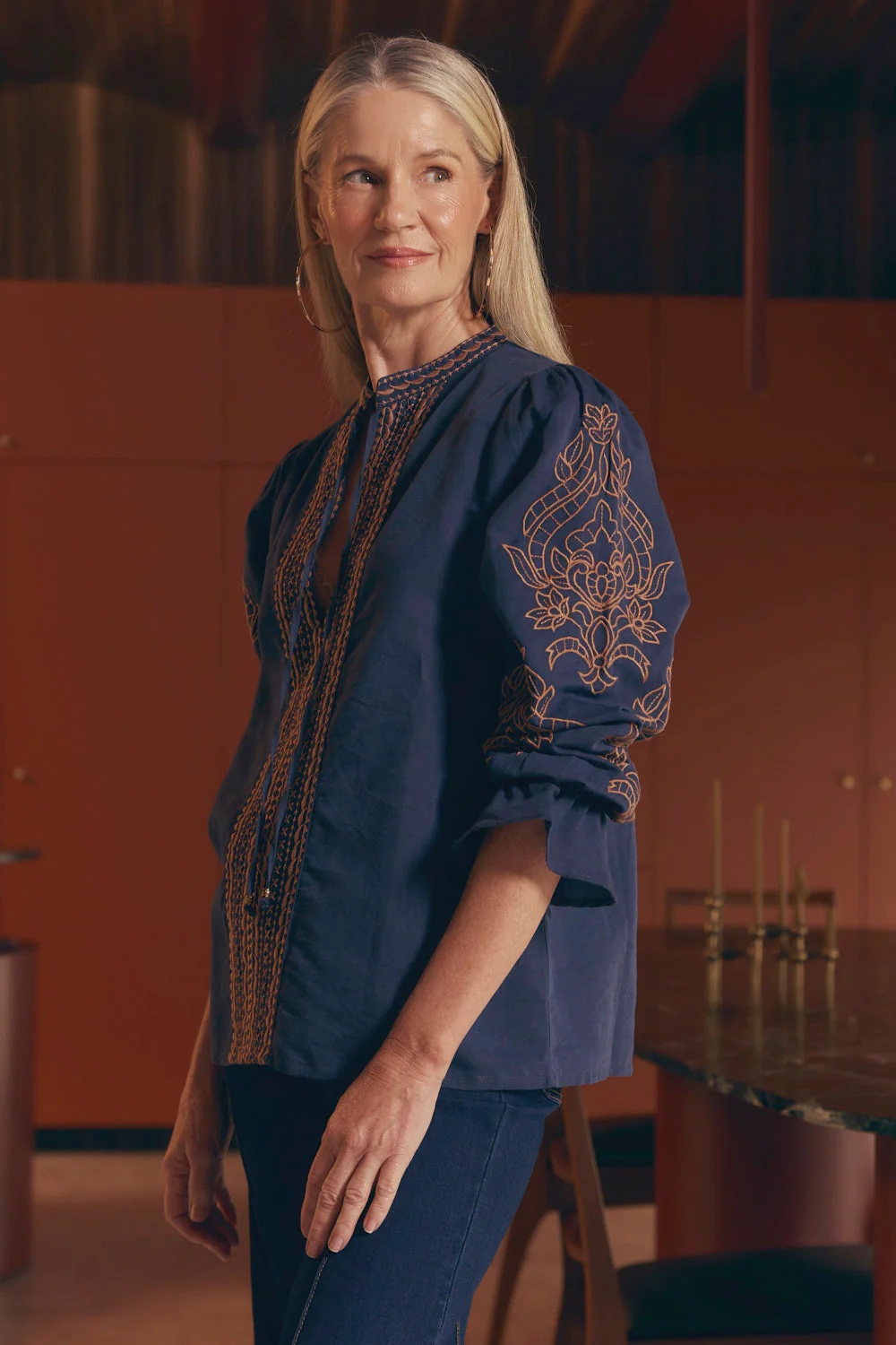 Tanya Embroidered Blouse in Navy - Image 4