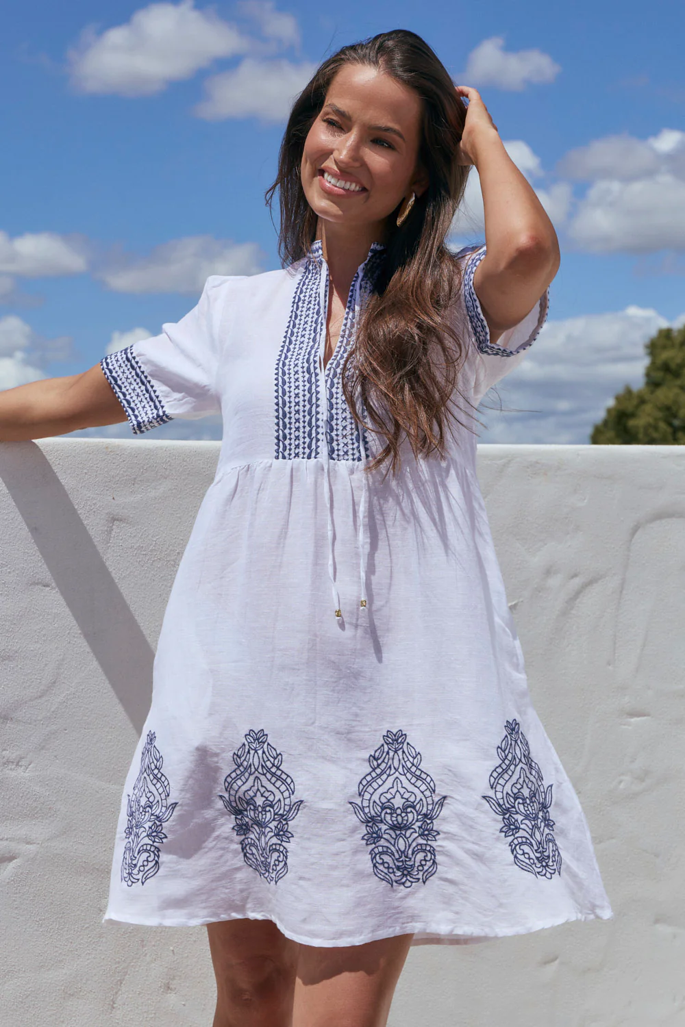 Tanya Short Embroidered Dress in White - Image 3