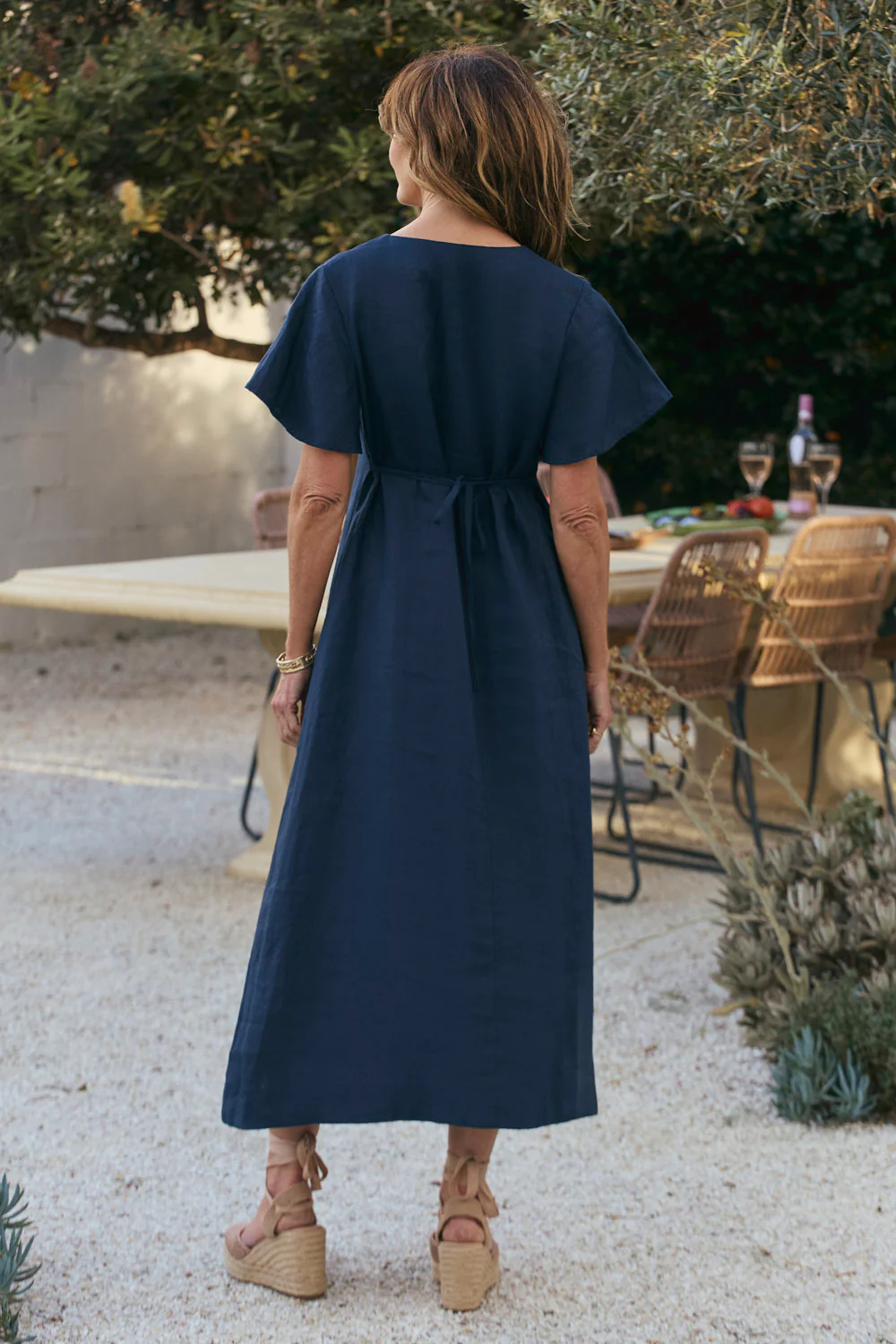 Tatum Linen Flutter Sleeve Dress in Navy - Image 6