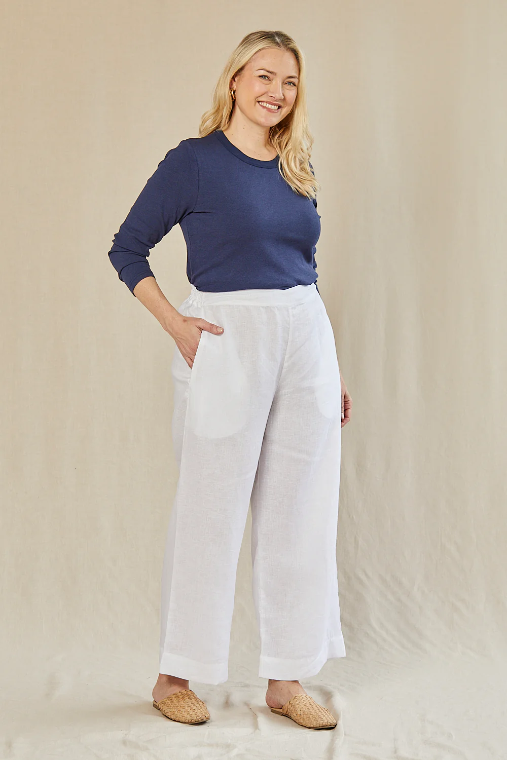 Camille Linen Wide Leg Pant in White - Image 7